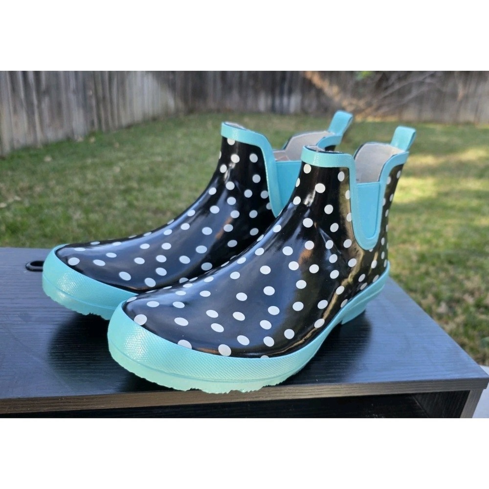 Gardenline Womens Black White Polka Dot Turquoise Trim Ankle Rain Boots Size 10